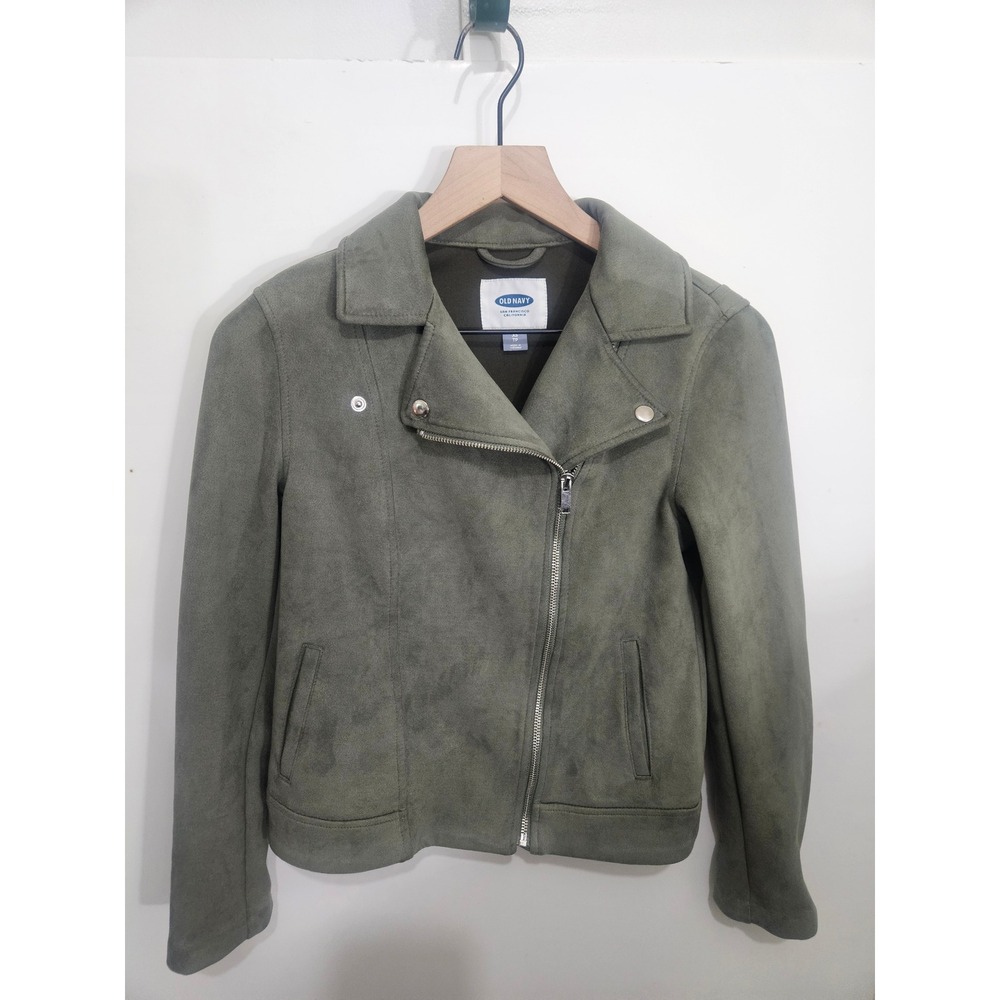 Old Navy Womens Olive Green Faux Suede Moto Jacket XS Asymmetrical Zip Front
